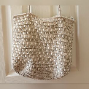 Cream Crochet Woven Tote Bag
